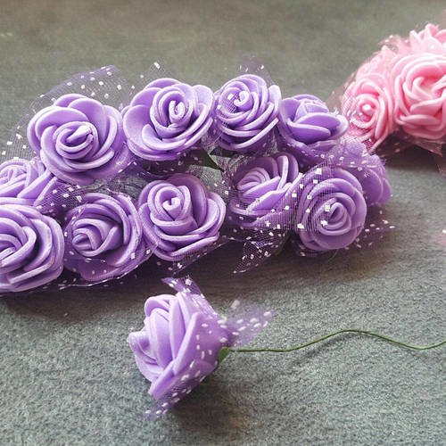 1 bouquet de 12 fleurs roses couleur violet en latex et tissus organza 7cm  - Un grand marché