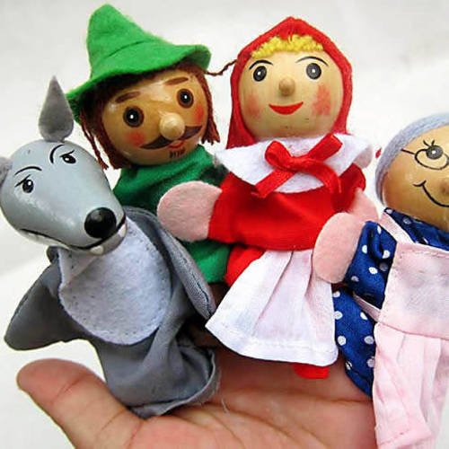 Lot de 4 marionnettes de doigt en bois et peluche de thème le petit chaperon rouge histoire fillette grand mère chasseur loup a10