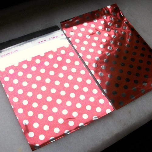 10 emballages pochettes cadeaux 6,5x7cm points métallisé rouge sachets avec rabat à ruban adhésif c32