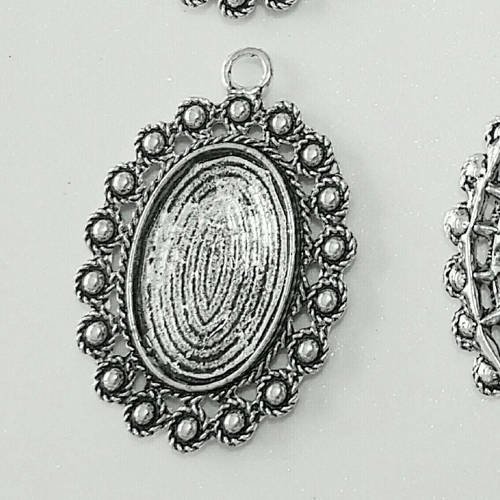 1 grand pendentif support cabochon ovale décor perles en métal argenté 35x51mm 