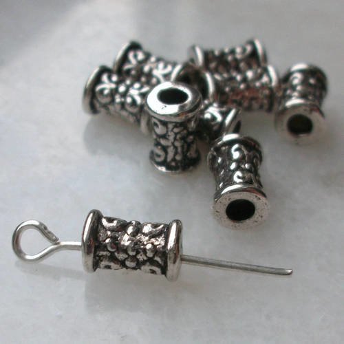 10 intercalaires connecteurs rond cylindre dessin fleurs breloque en métal argenté 5x7mm pour collier bo bracelets 