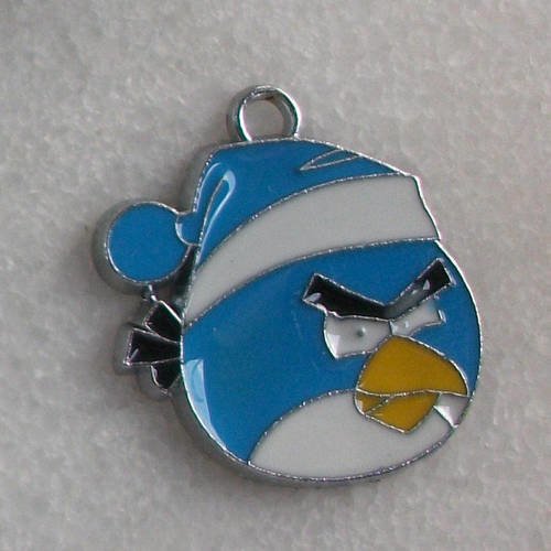 1 pendentif angry bird méchant bonnet bleu 26mm email en métal argenté émaillé a26