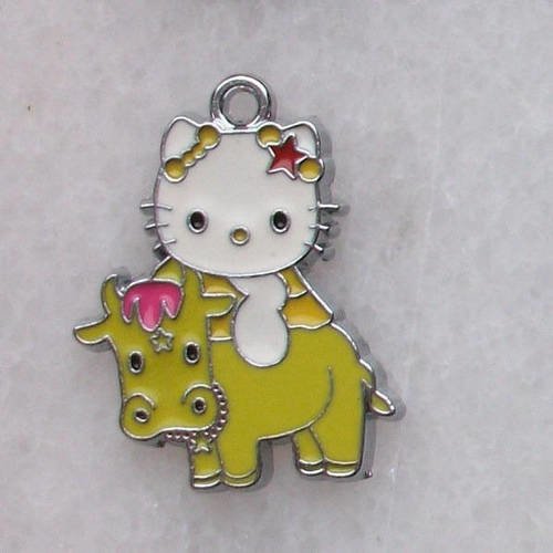 1 pendentif chat taureau jaune-vert étoile 28x22mm signe du zodiaque email en métal argenté émaillé 
