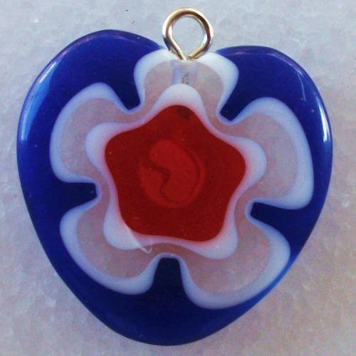 1 perle pendentif coeur en verre millefiori avec motif de fleur 20mm bleu et rouge 