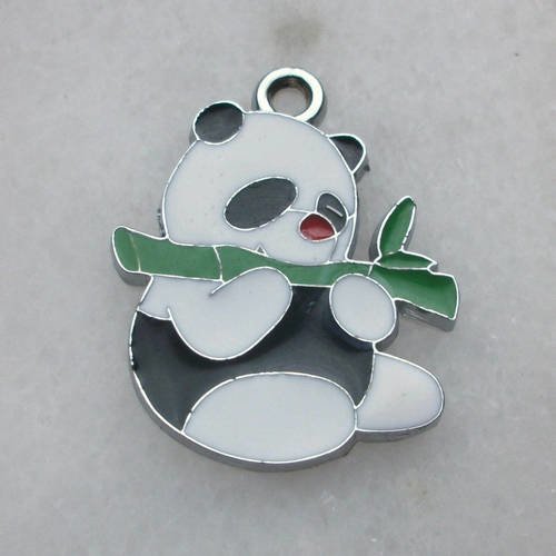 Pendentif breloque panda avec bambou en métal argenté émaillé animal noir blanc vert a26