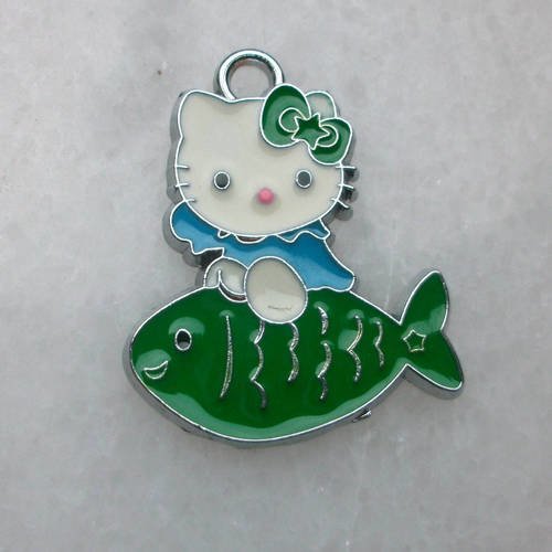 1 pendentif chat robe bleu poisson vert étoile noeud 26x25mm signe du zodiaque email en métal argenté émaillé 
