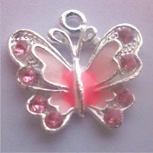 1 pendentif papillon avec strass rose 22mm email en métal argenté émaillé a26