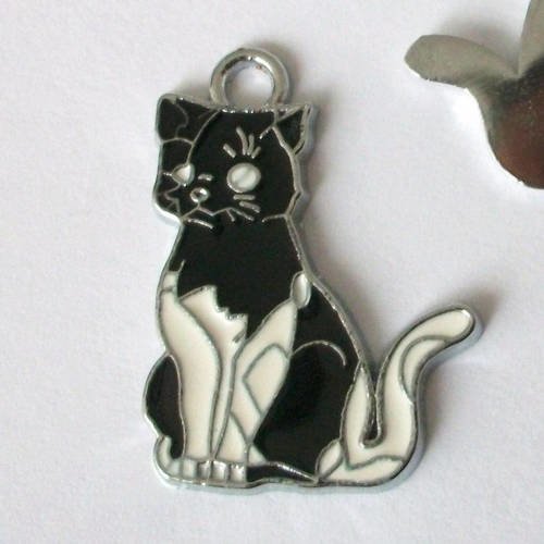 1 pendentif breloque chat noir et blanc métal argenté émaillé animal a26