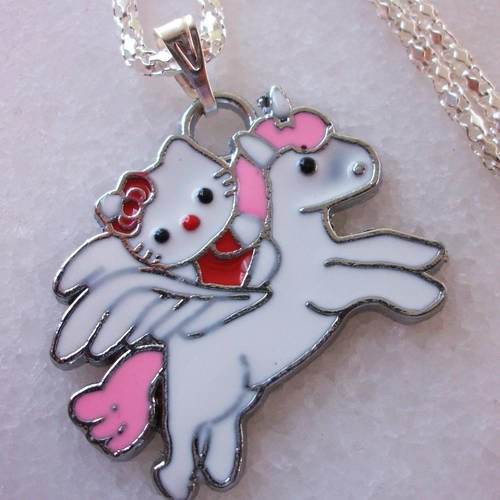 1 pendentif chat sur licorne blanc rose et rouge 25x27mm email en métal argenté émaillé 