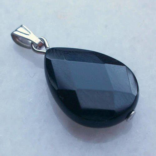 1 pendentif onyx noir goutte plate à facette 18x13mm facetté percé pierre fine gemme pierre naturelle semi a37