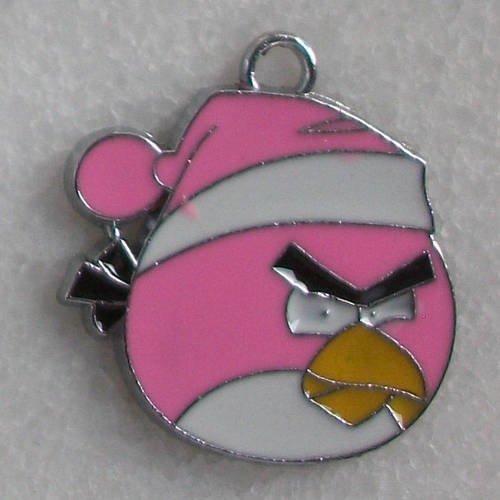 1 pendentif angry bird méchant bonnet rose 26mm email en métal argenté émaillé a26