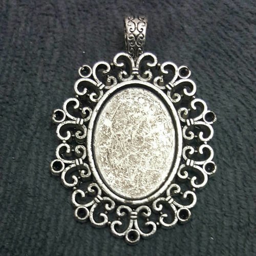 1 grand pendentif support cabochon ovale décor fleurs en métal argenté 5,1cm t59   