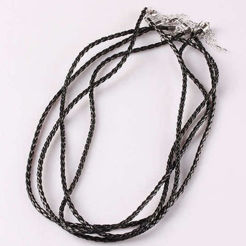 1 lien tour de cou en cuir noir tressé 45 cm avec chaîne pour pendentif b38