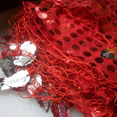 1 morceau de tissu tulle rouge 20cm en sequins brillant contours feuilles de sequins argenté pré-cousus b14