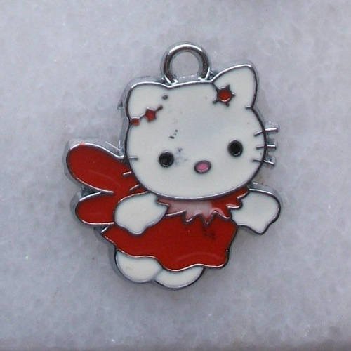 1 pendentif chat dance robe blanc et rouge 25x21mm email en métal argenté émaillé 