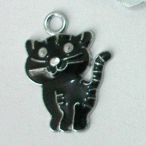 Pendentif breloque chat noir métal argenté émaillé animal a26
