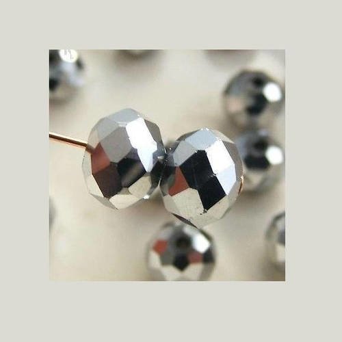 10 perles de bohème en verre à facettes couleur argenté 8x6mm b56