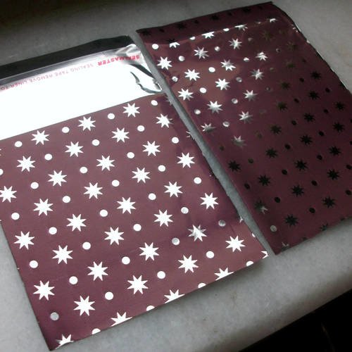 10 emballages pochettes cadeaux 6,5x7cm métallisé violet prune étoiles sachets avec rabat à ruban adhésif