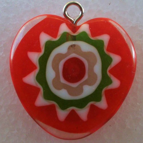 1 perle pendentif coeur en verre millefiori avec motif de fleur 20mm rouge et vert 