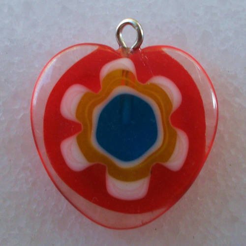 1 perle pendentif coeur en verre millefiori avec motif de fleur 20mm rouge et bleu 