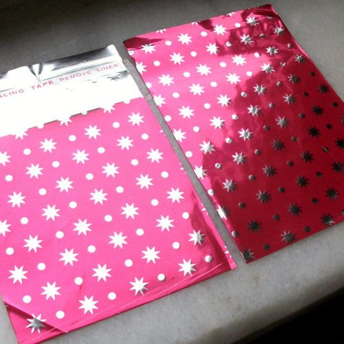 6 emballages pochettes cadeaux 10cm étoile rose argenté métallisé sachets avec rabat à ruban adhésif c32