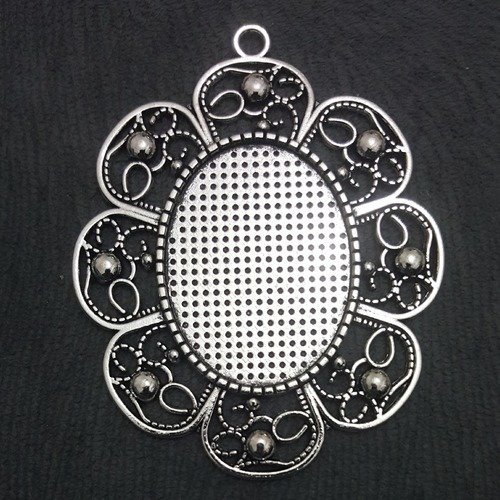 1 grand pendentif support cabochon rond décor perles lianes en métal argenté 7,5cm t77