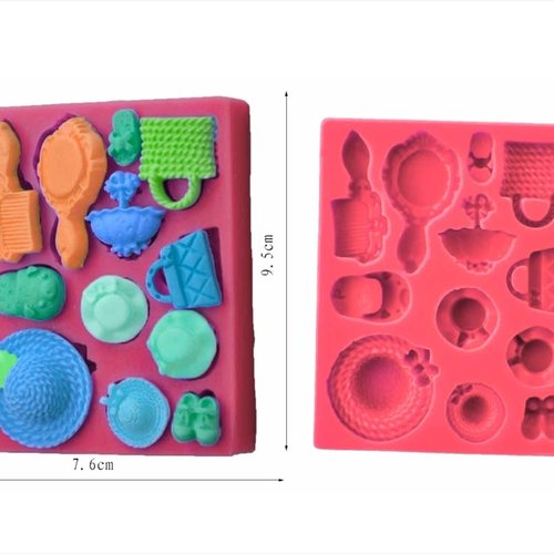 Moule silicone 12 objets sac à main chapeau peigne chaussure parapluie miroir pour pâte polymère fimo plâtre savon résine k451 5f95