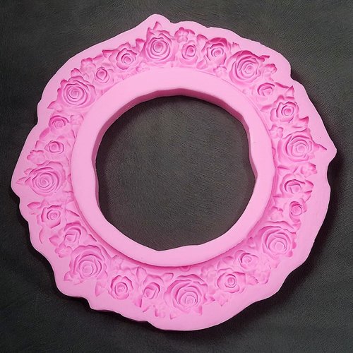 Moule silicone cadre photo rond déco fleurs roses feuilles pour pâte