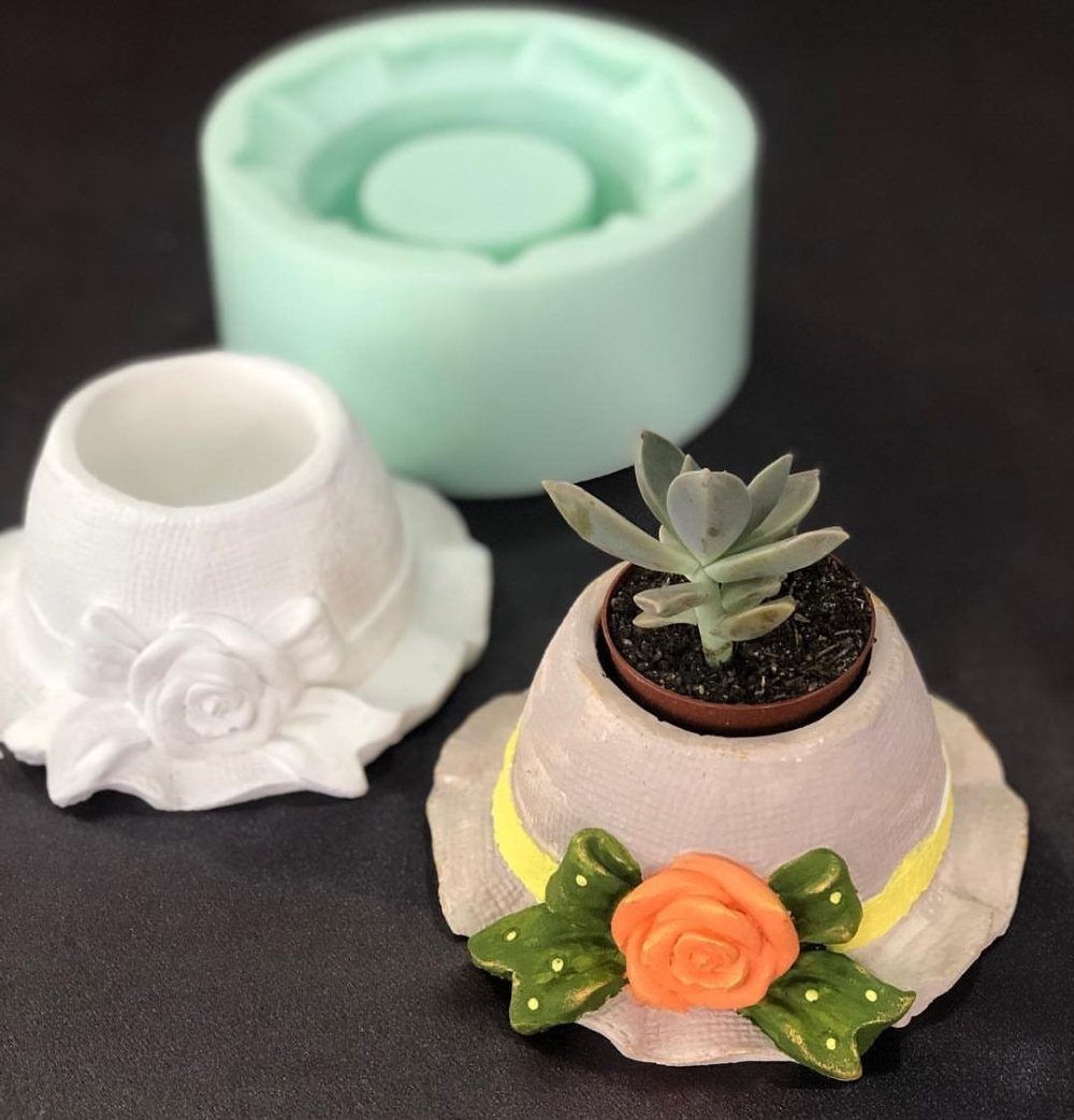 Moule Silicone Pot Terrarium Chapeau 14cm Deco Rose Ruban Noeud Pour Pate Polymere Platre Savon Argile Polyester Resine Cire Beton Un Grand Marche