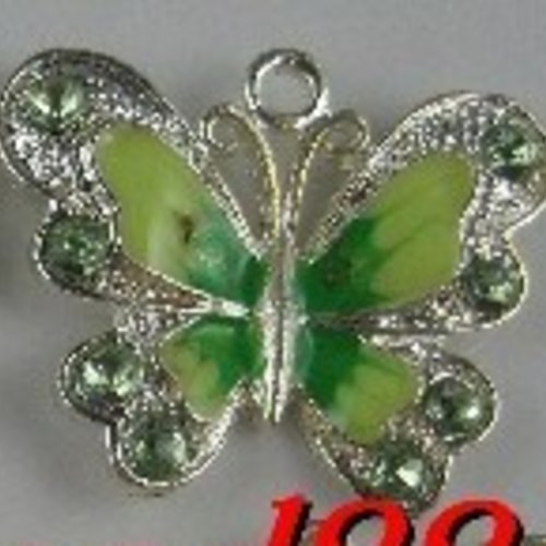 1 pendentif papillon avec strass vert 35mm email en métal argenté émaillé a26