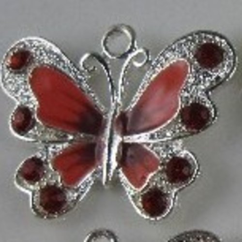 1 pendentif papillon avec strass rouge 35mm email en métal argenté émaillé a26