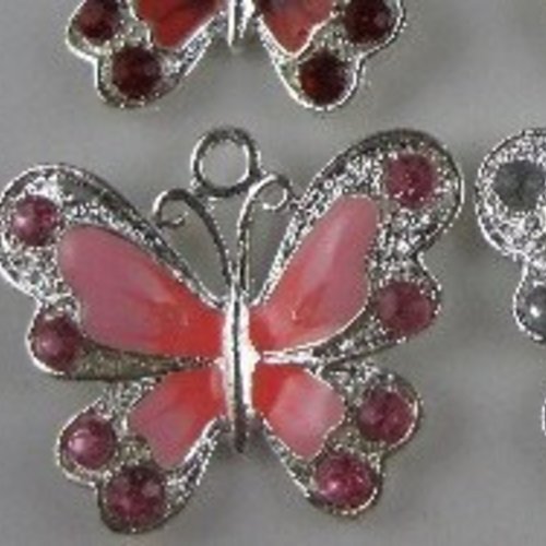 1 pendentif papillon avec strass rose 35mm email en métal argenté émaillé a26