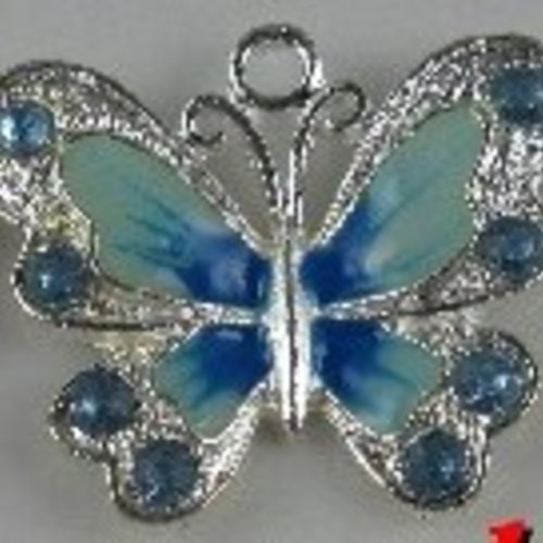 1 pendentif papillon avec strass turquoise 35mm email en métal argenté émaillé a26