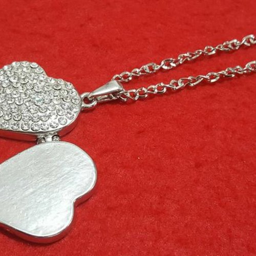 Collier chaîne en métal argenté avec pendentif coeur porte photo incrusté de strass transparent bijoux femme b34