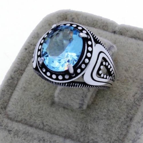 Bague chevalière homme femme argent massif 925 serti zircon facette bleu