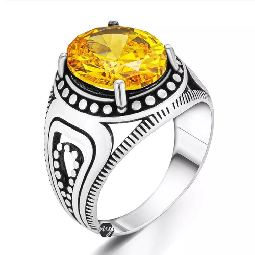 Bague chevalière homme femme argent massif 925 serti zircon rond facette jaune
