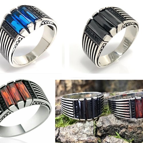 Bague Chevalière Homme En Argent Massif 925 - 7 Grammes - Sertie Zircon Bleu Marine - Style éternité - Neuf Avec écrin