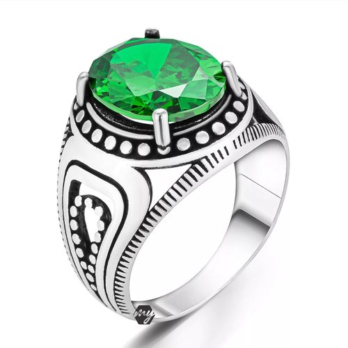 Bague chevalière homme en argent massif 925 serti pierre zircon rond facette vert
