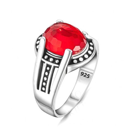 Bague chevalière homme femme en argent massif 925 serti pierre zircon rouge