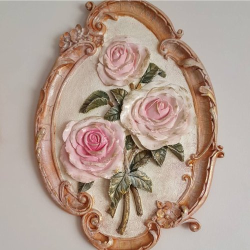 Moule silicone panneau ovale 39cm déco fleur rose liane feuille pour plâtre fimo wepam porcelaine cire savon argile polyester