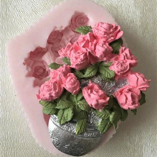 Moule silicone bouquet fleur rose vase 8cm pour plâtre wepam porcelaine cire savon argile résine bougie polyester ciment fimo k630