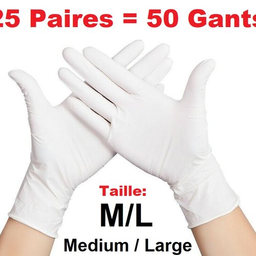 50 gants 25 paires jetable caoutchouc latex blanc anti-dérapant ménage taille m/l