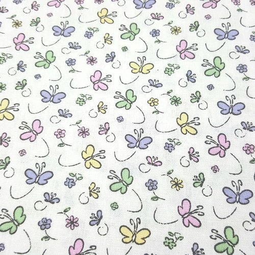 Coupon tissu 100% coton popeline motifs mini papillons fleurs multicolore 1m x 1,80m pour 45 masques de protection