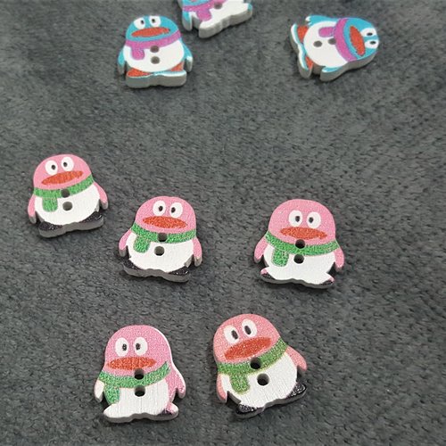 Lot de 5 boutons en bois en forme de pingouins rose écharpe verte pour couture bébé scrapbooking b41