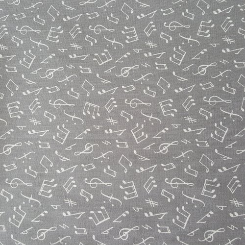 Coupon tissu 100% coton popeline motifs notes de musique gris 1m x 1,80m pour 45 masques de protection