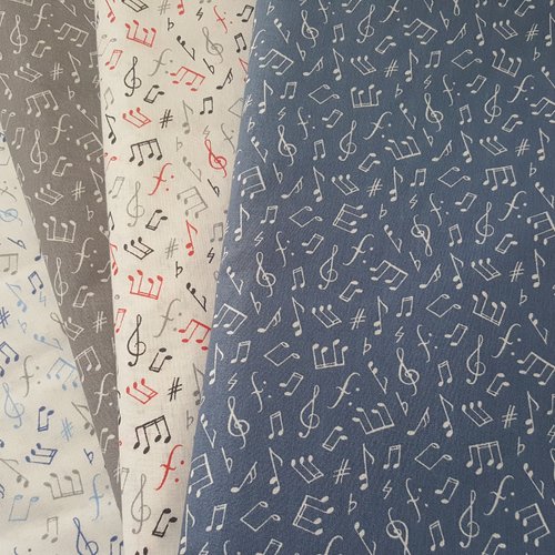 Coupon tissu 100% coton popeline motifs notes de musique bleu pastel 1m x 1,80m pour 45 masques de protection