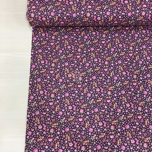 Coupon tissu 100% coton popeline déco motifs mini fleurs roses violet mauve bleu jaune vert 1m x 1,80m pour 45 masques de protection