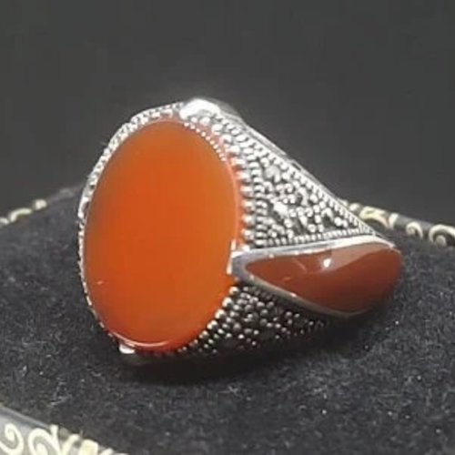 Bague argent chevalière homme 7,45g en argent massif 925 serti cabochon en pierre naturelle semi précieuse agate rouge et zircon