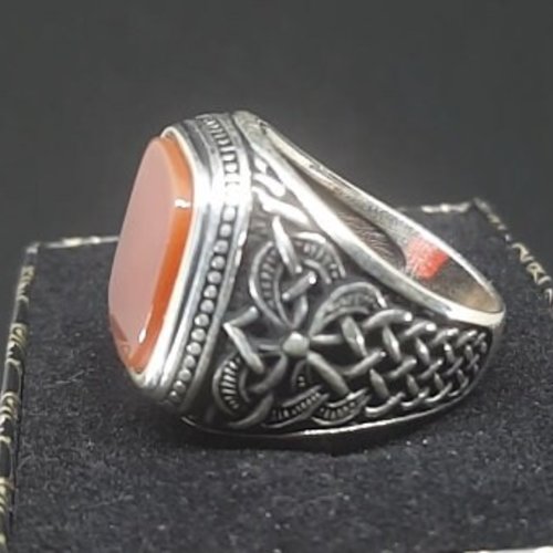Bague argent chevalière homme 12g en argent massif 925 serti cabochon en pierre naturelle semi précieuse agate rouge