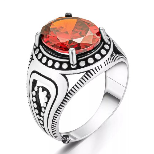 Bague chevalière homme en argent massif 925 serti pierre zircon rond facette rouge